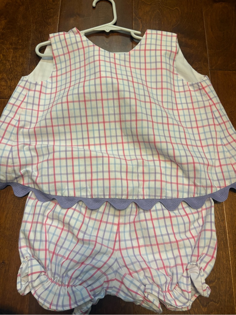 Kids White Plaid Two-Piece Set with Pink & Blue Trim